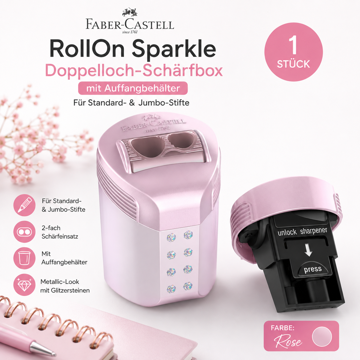 Faber-Castell RollOn Sparkle Doppelloch-Spitzer mit Auffangbehälter – Rosa
