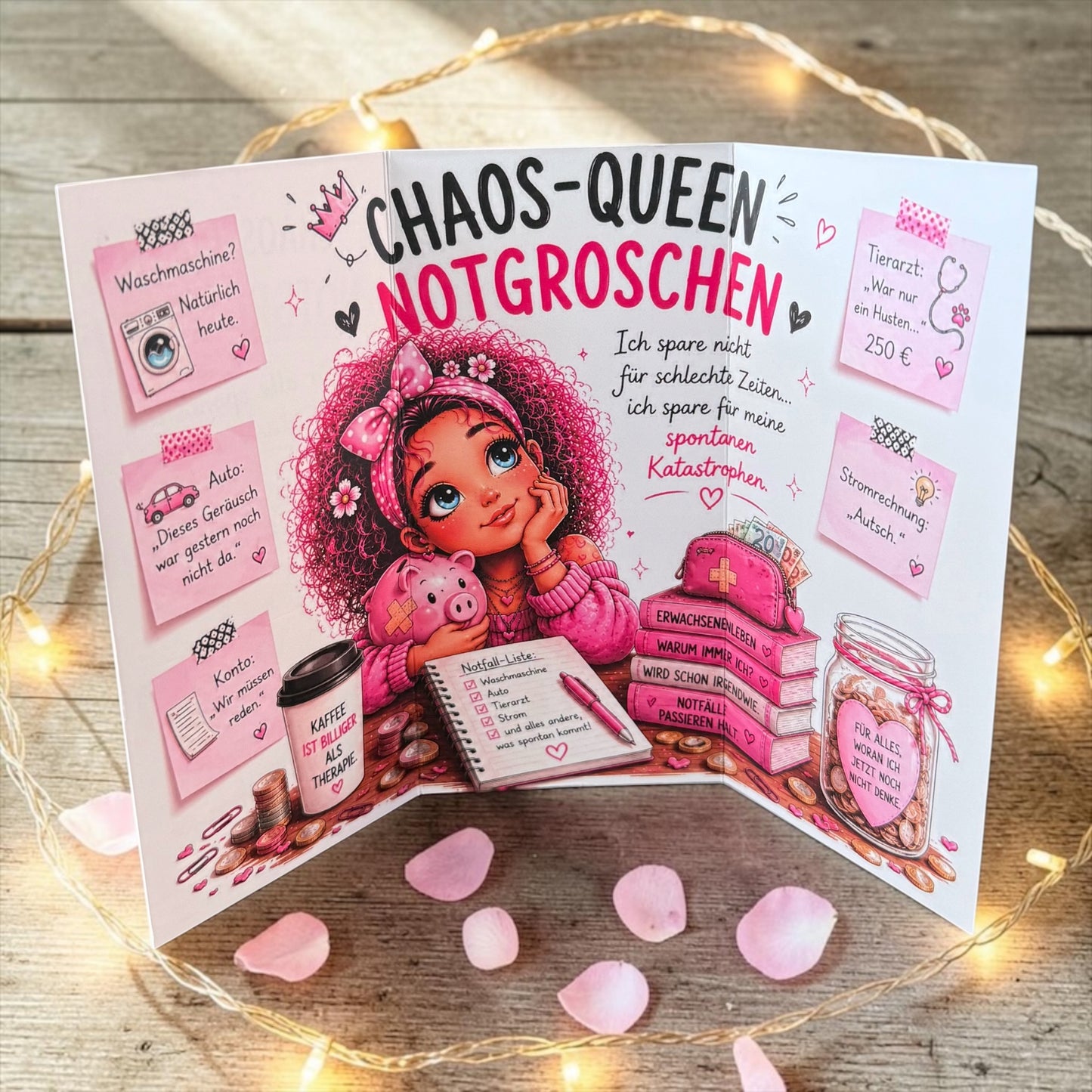 Chaos Queen - Notgroschen mit Lose A6 Klappkarte