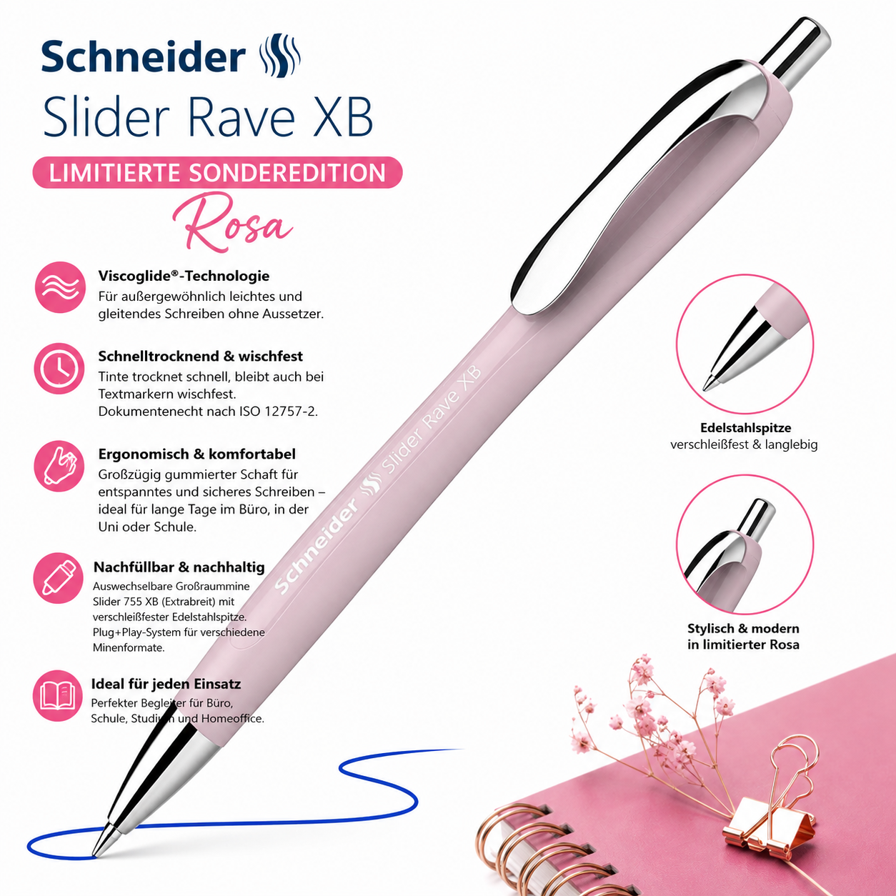 Schneider Slider Rave XB Kugelschreiber – Limited Edition Rosa | Schreibfarbe Blau